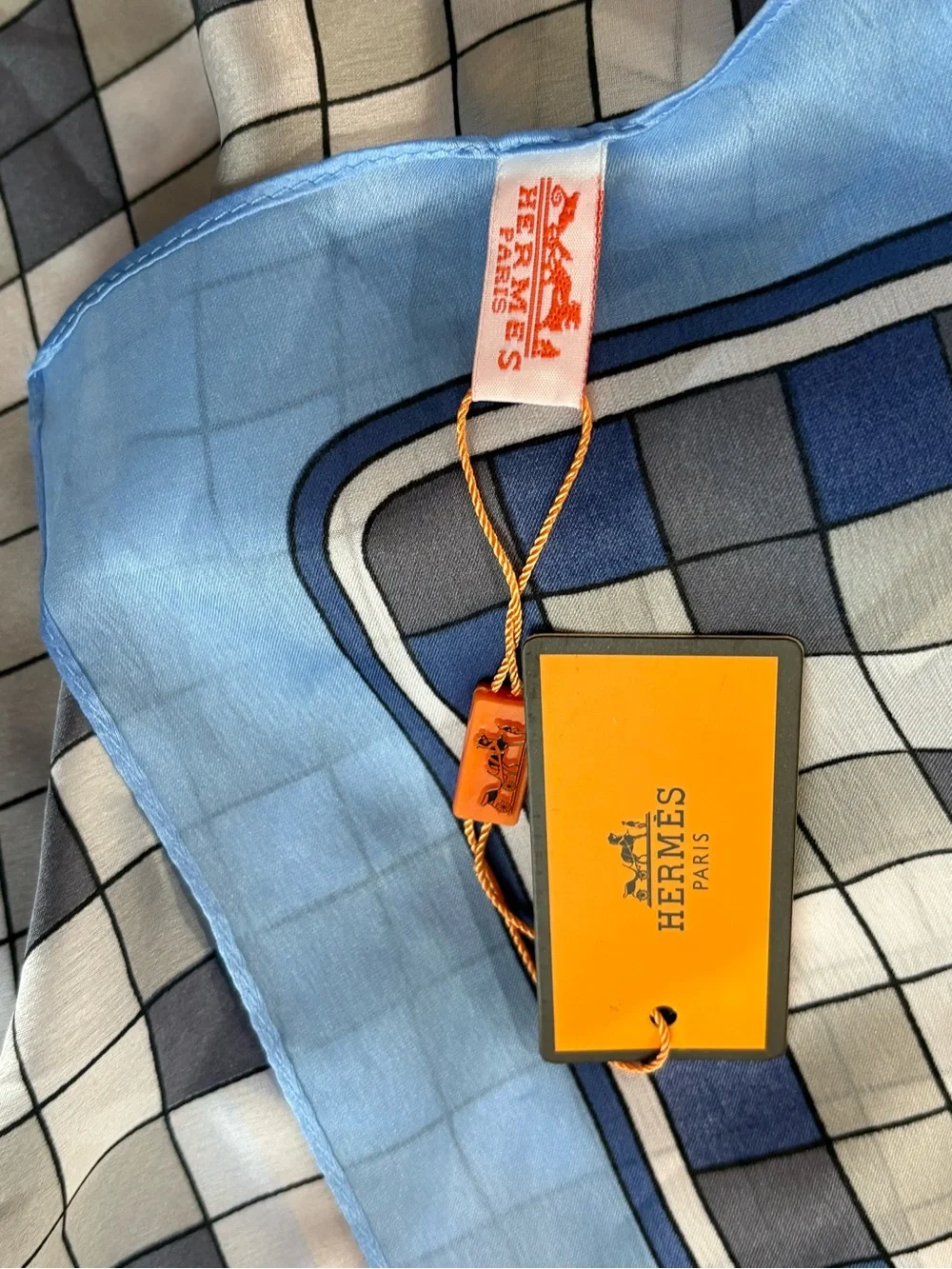 Light Blue and Navy Geometric Silk Scarf